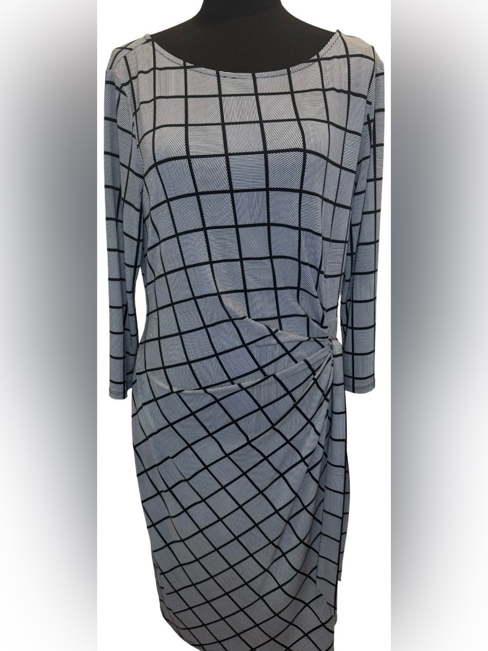 Ann Taylor Long Sleeve Black and Gray Windowpane Dress, Tie Waist, Size Medium
